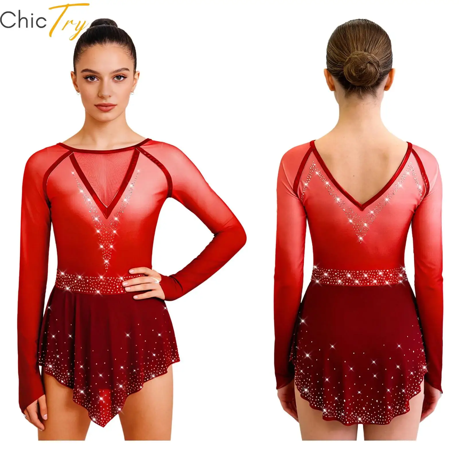 Womens Gymnastics Bodysuit Long Sleeve Mesh Skirt Ballet Leotard Jumpsuit Rhinestone V Backless for Rhythmic Dance Performance
Womens Gymnastics Bodysuit Long Sleeve Mesh Skirt Ballet Leotard Jumpsuit Rhinestone V Backless for Rhythmic Dance Performance