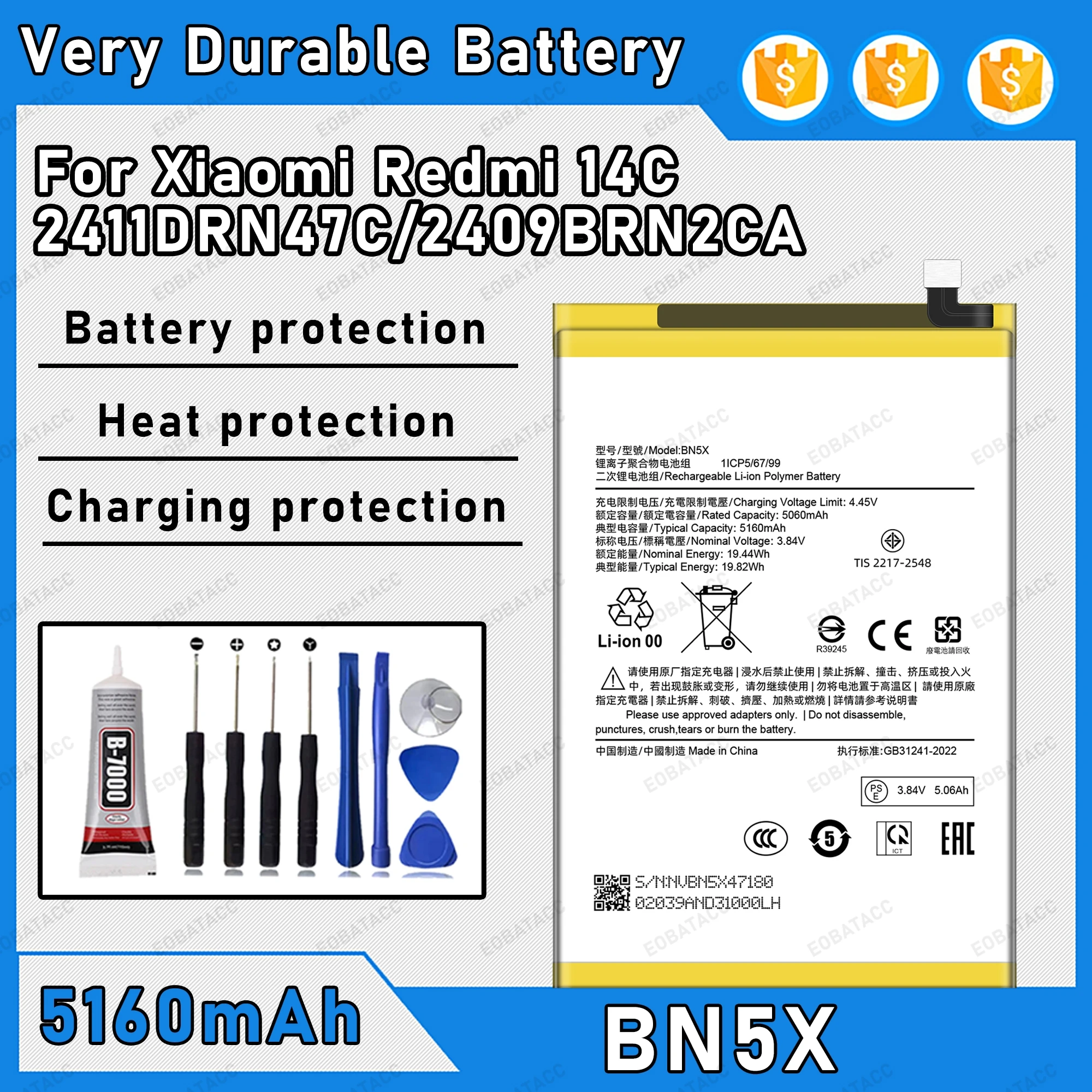 5160mAh 100% New BN5X Battery For Xiaomi Redmi 14C Replacement Bateria+Free Tools
5160mAh 100% New BN5X Battery For Xiaomi Redmi 14C Replacement Bateria+Free Tools