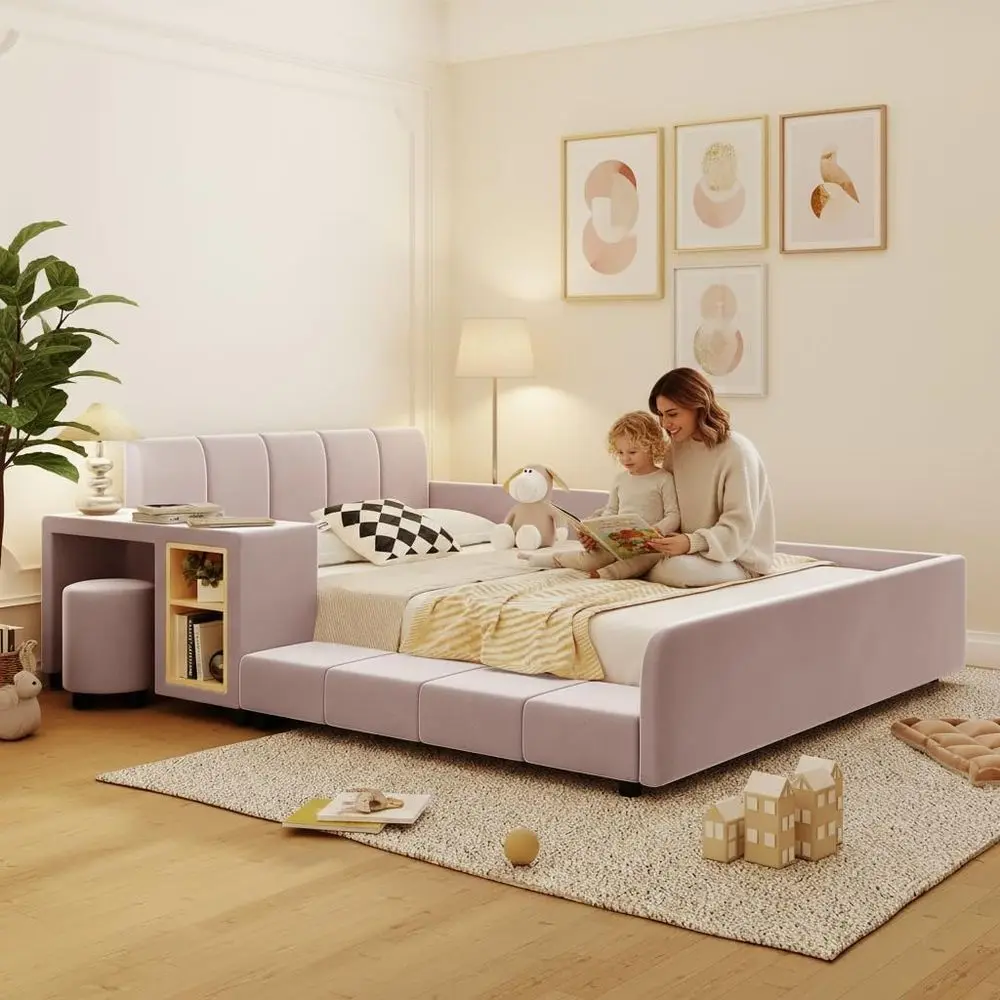 ern ull Size Upholstered Grounded Bed, Velvet Upholstered Platorm Bed with Bede Desk and Little Round Stool, Mother & Child Bed
ern ull Size Upholstered Grounded Bed, Velvet Upholstered Platorm Bed with Bede Desk and Little Round Stool, Mother & Child Bed