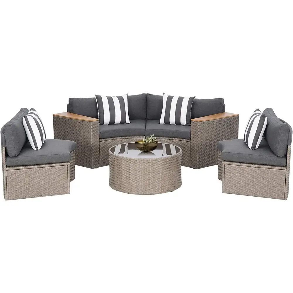 All-Weather 5-Piece Patio Half-Moon Wicker Sectional Set with Round Table and Cushions in Grey
All-Weather 5-Piece Patio Half-Moon Wicker Sectional Set with Round Table and Cushions in Grey