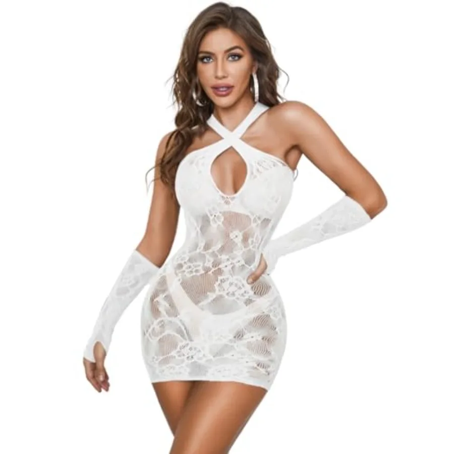 EHSUYAB Club Outfit, Criss Cross Halter, Gloves, Sexy Fishnet Bodycon Dress
EHSUYAB Club Outfit, Criss Cross Halter, Gloves, Sexy Fishnet Bodycon Dress