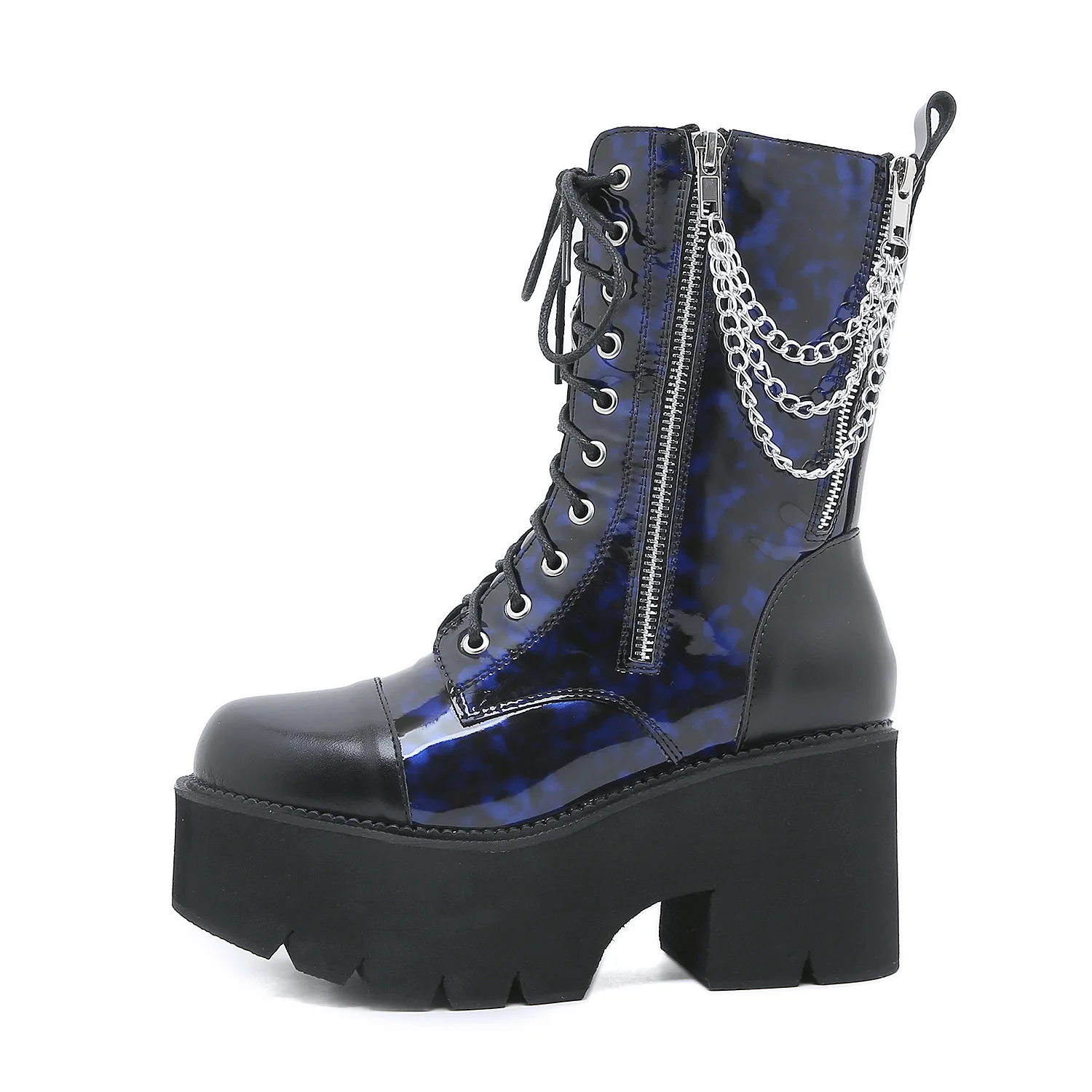 Fashion Blue Thick Soled Women Short Boots Metallic Chain Zipper Coarse Heel Mid-calf Boots Large Size Platform Shoes Size 35-43
Fashion Blue Thick Soled Women Short Boots Metallic Chain Zipper Coarse Heel Mid-calf Boots Large Size Platform Shoes Size 35-43