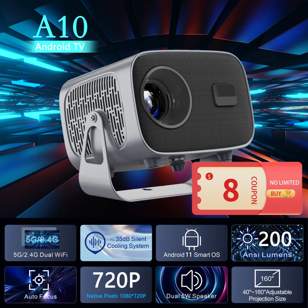 A10 Smart Portable Projector Android 11.0 WIFI6 BT5.0 Native 720P Support 1080P 4K Video Home Cinema Outdoor Movie Projector
A10 Smart Portable Projector Android 11.0 WIFI6 BT5.0 Native 720P Support 1080P 4K Video Home Cinema Outdoor Movie Projector