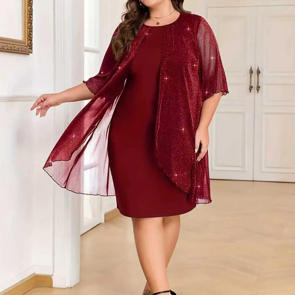Plus Size Women Dress Round Neck Half Sleeve Glitter Shawl Slimming Dress Fake Two-piece Knee Length Formal Plus Size Dress
Plus Size Women Dress Round Neck Half Sleeve Glitter Shawl Slimming Dress Fake Two-piece Knee Length Formal Plus Size Dress
