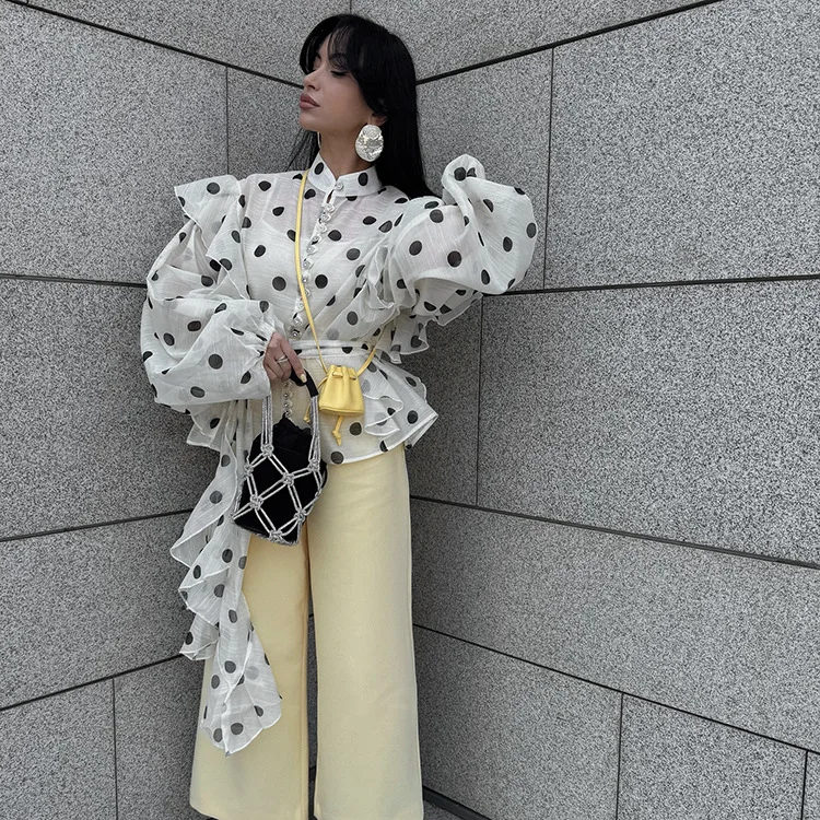 Elegant Polka Dot Ruffle Shirts Women Casual Lace Up Single Breasted Full Sleeve See Through Blouse Chic Lady Daily Commute Tops
Elegant Polka Dot Ruffle Shirts Women Casual Lace Up Single Breasted Full Sleeve See Through Blouse Chic Lady Daily Commute Tops