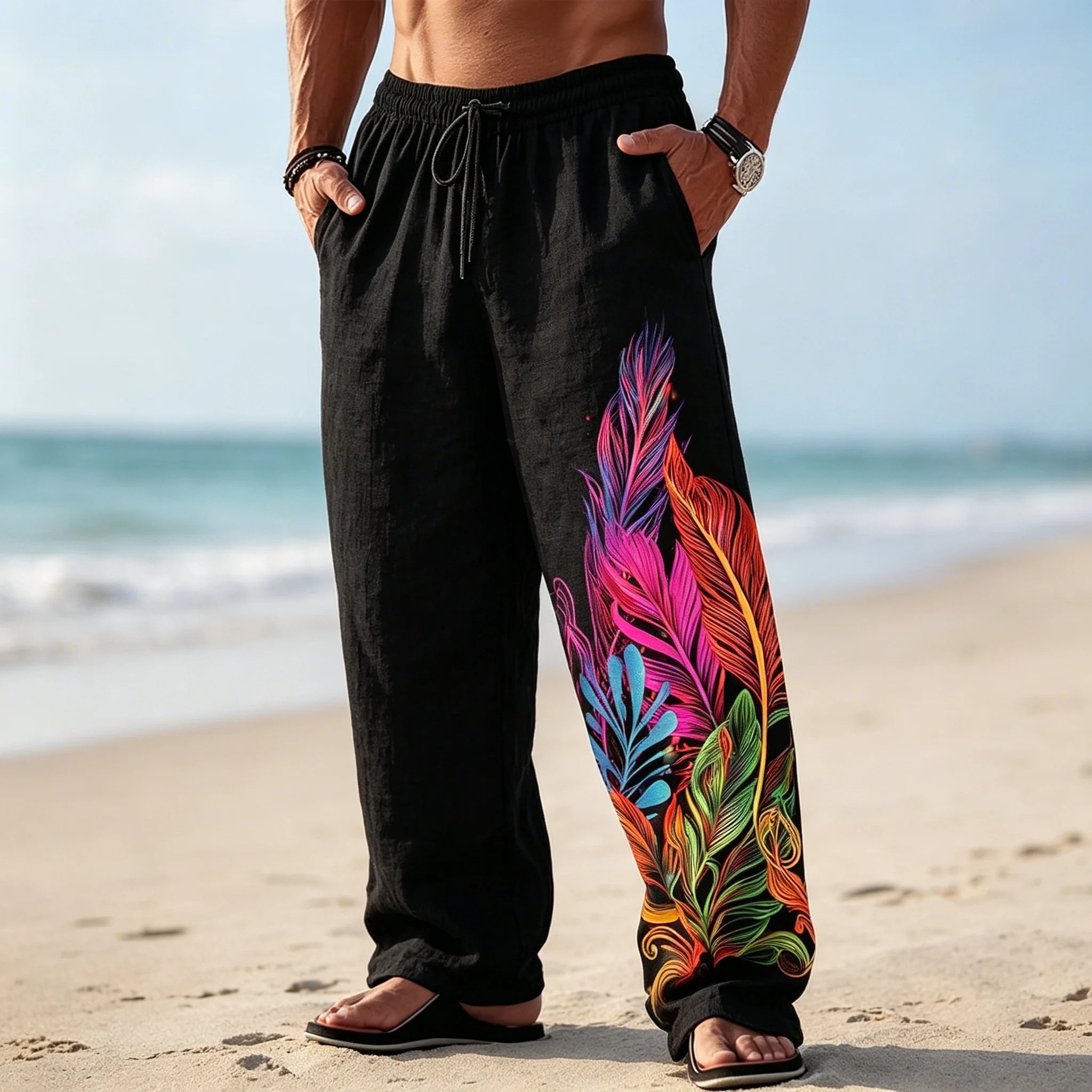 Men's Vibrant Neon Feather Art Print Drawstring Wide Leg Pants, Casual Loose Trousers for Spring Summer Beach & Daily Wear
Men's Vibrant Neon Feather Art Print Drawstring Wide Leg Pants, Casual Loose Trousers for Spring Summer Beach & Daily Wear