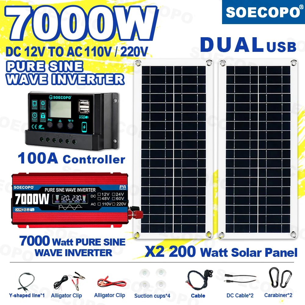 SOECOPO 7000W Pure Sine Wave Solar System Kit 2x200W Panels 100A Controller 12V DC to AC 110V 220V Inverter for Home Camping
SOECOPO 7000W Pure Sine Wave Solar System Kit 2x200W Panels 100A Controller 12V DC to AC 110V 220V Inverter for Home Camping