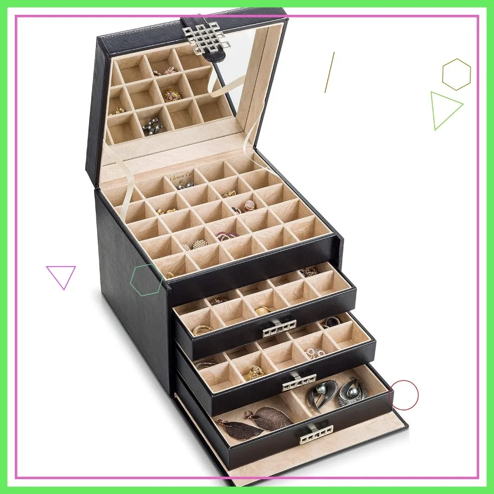 Earring Organizer Holder - 75 Small & 4 Large Slots, Jewelry Box with Drawer, Mirror, 4 Trays, PU Leather Case - Black
Earring Organizer Holder - 75 Small & 4 Large Slots, Jewelry Box with Drawer, Mirror, 4 Trays, PU Leather Case - Black