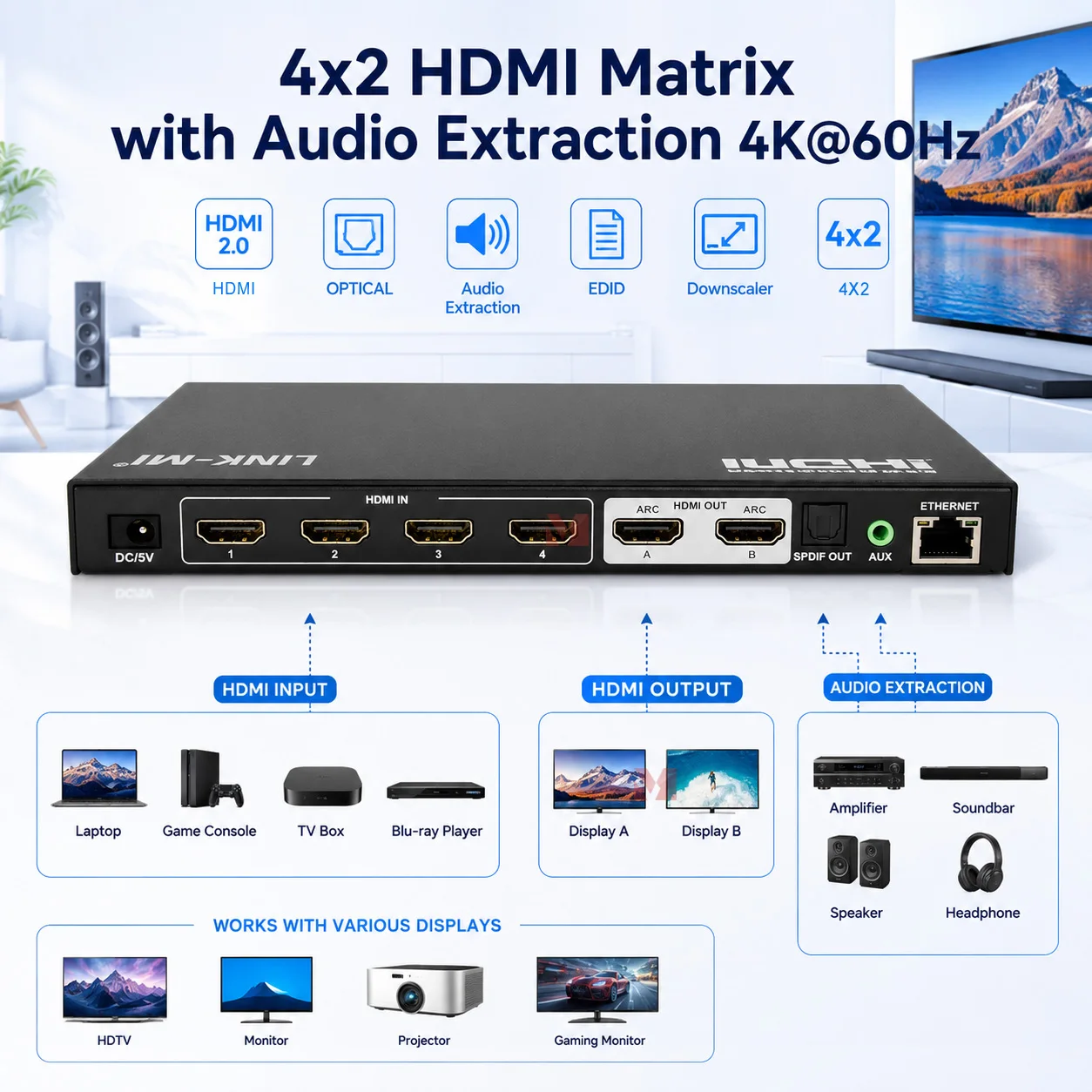 4x2 HDMI Matrix switch with with Audio Extract 4K60Hz 4 inputs 2 outputs HDMI Switcher HDCP2.2 CEC ARC
4x2 HDMI Matrix switch with with Audio Extract 4K60Hz 4 inputs 2 outputs HDMI Switcher HDCP2.2 CEC ARC