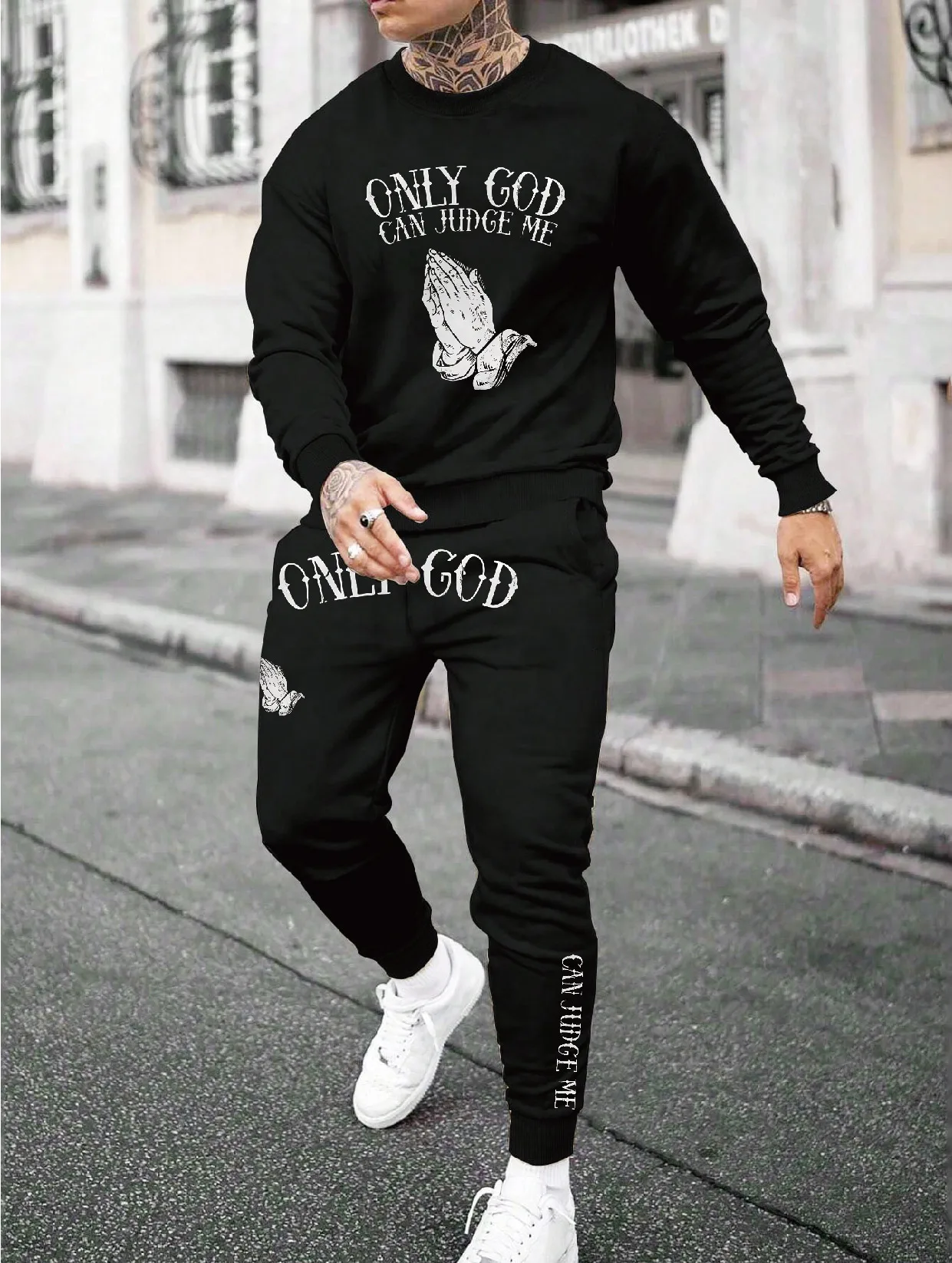 Round neck sweatshirt suit white Only God can judge me prayer gesture Christian faith daily wear
Round neck sweatshirt suit white Only God can judge me prayer gesture Christian faith daily wear