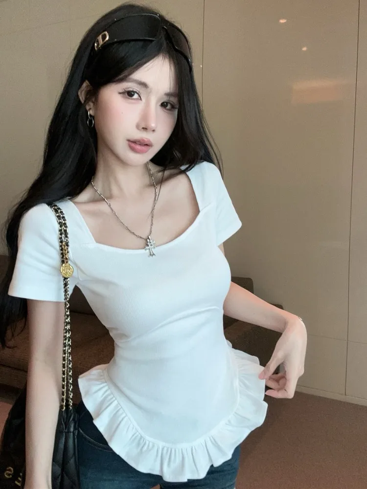 Slim Fit Short Sleeve T-Shirt Women's Summer New Style Square Collar Splice Hem Lace Casual Versatile Short Top for Teens
Slim Fit Short Sleeve T-Shirt Women's Summer New Style Square Collar Splice Hem Lace Casual Versatile Short Top for Teens
