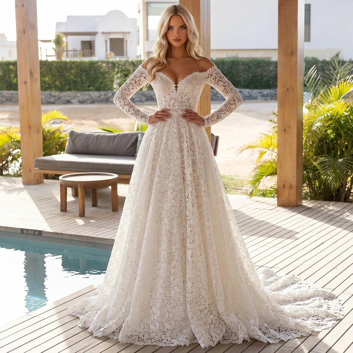 Elegant Lace Off Shoulder Wedding Dress For Bride Long Sleeve Ball Gown Pleated Bridal Gown For Women Vestidos Novia
Elegant Lace Off Shoulder Wedding Dress For Bride Long Sleeve Ball Gown Pleated Bridal Gown For Women Vestidos Novia