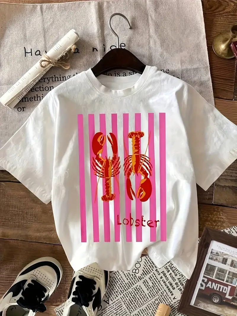 Plus - Size Women's White Short - Sleeve T - shirt, Lobster Print on Pink Stripes, Soft & Comfortable
Plus - Size Women's White Short - Sleeve T - shirt, Lobster Print on Pink Stripes, Soft & Comfortable