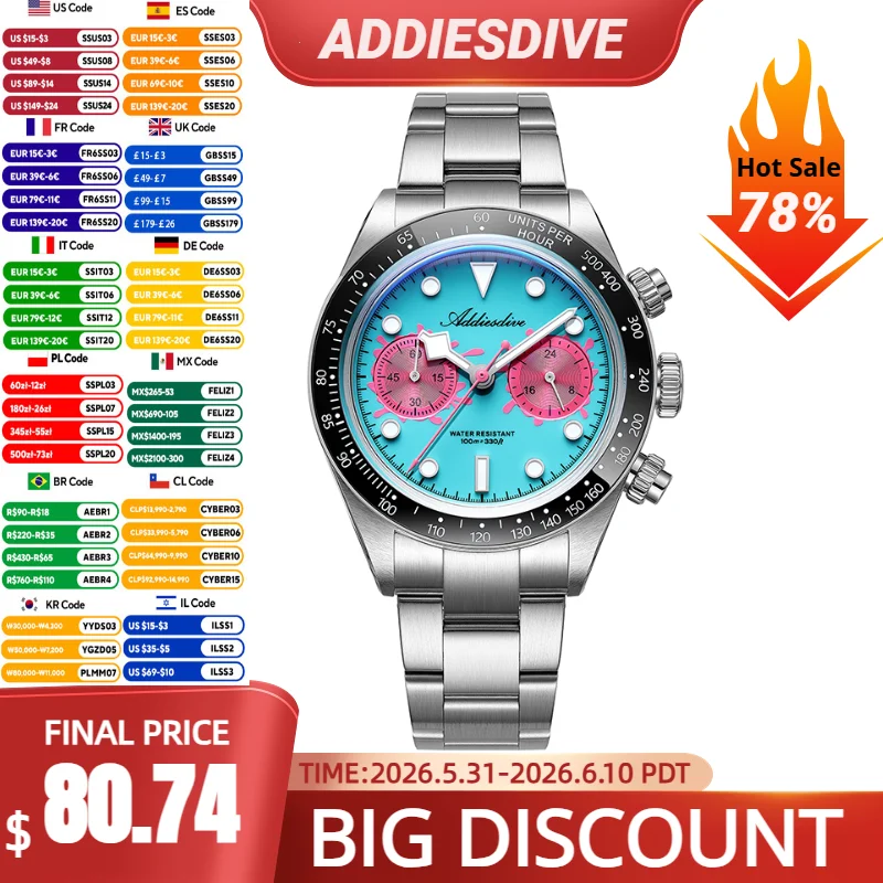 ADDIESDIVE New Luxury Chronograph Watch VK64 Colorful Dial Quartz Ceramic Bezel 100m Waterproof AD2520 Men's Sport Wristwatches
ADDIESDIVE New Luxury Chronograph Watch VK64 Colorful Dial Quartz Ceramic Bezel 100m Waterproof AD2520 Men's Sport Wristwatches
