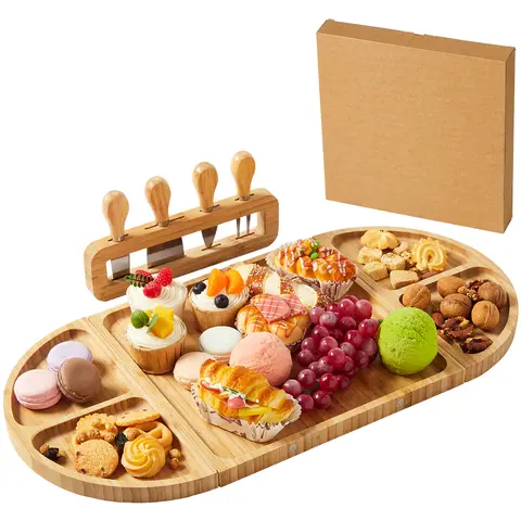 Bamboo Charcuterie Board Set, Magnetic Cheese Board with Knives and Bowls for Party Picnic Gift