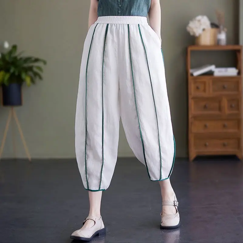 Retro Cotton Hemp Summer New Women's Elastic Waist Pocket Contrast Color Fashion High Waist Loose Haren Ankle Length Pants
Retro Cotton Hemp Summer New Women's Elastic Waist Pocket Contrast Color Fashion High Waist Loose Haren Ankle Length Pants