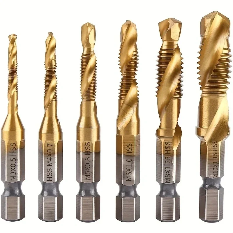 6Pcs 1/4" Hex Shank Titanium Drill Tap Combination Bit Set, Metric Thread M3 M4 M5 M6 M8 M10 Taps Tool
6Pcs 1/4" Hex Shank Titanium Drill Tap Combination Bit Set, Metric Thread M3 M4 M5 M6 M8 M10 Taps Tool