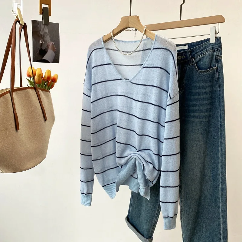 Dave&di Spring/summer New V-neck Striped Knitted Shirt Made Of Pure Hemp Breathable Loose And Versatile Sunscreen Cover Top
Dave&di Spring/summer New V-neck Striped Knitted Shirt Made Of Pure Hemp Breathable Loose And Versatile Sunscreen Cover Top