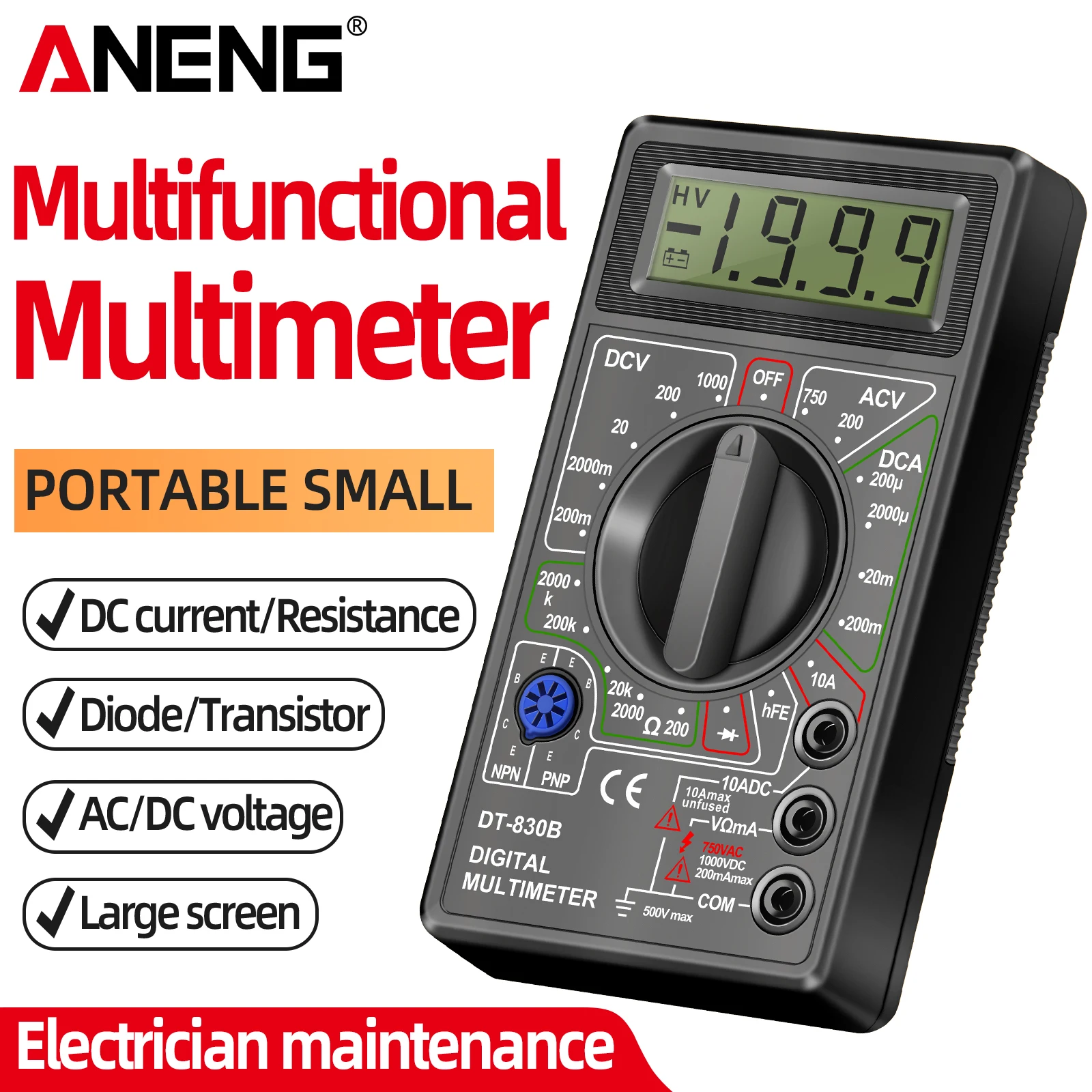 ANENG DT-830B Multimeter 1999 Counting 1000V DC 750V AC Voltage Measurement 10A DC Current Diode Tripole Test Electrical Meter
ANENG DT-830B Multimeter 1999 Counting 1000V DC 750V AC Voltage Measurement 10A DC Current Diode Tripole Test Electrical Meter