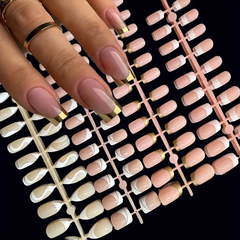 120-Piece Pink Square Almond-Shaped Semi-Stick-On Nail Set with Gold-Edged White Design
120-Piece Pink Square Almond-Shaped Semi-Stick-On Nail Set with Gold-Edged White Design