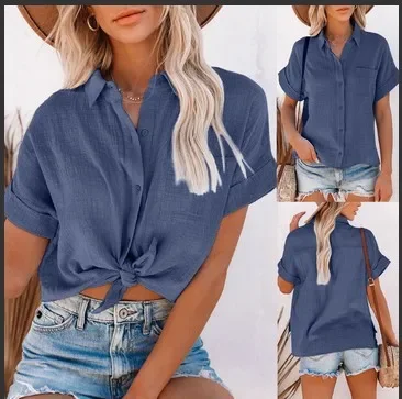 Short Sleeve Lapel Button Cotton Linen Women's Shirt Pockets Solid Color Summer Shirts Blouse Top
Short Sleeve Lapel Button Cotton Linen Women's Shirt Pockets Solid Color Summer Shirts Blouse Top