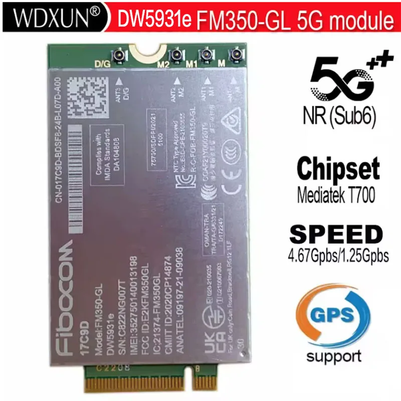 Fibocom FM350-GL DW5931e DW5931e-eSIM 5G M.2 Module for Dell Latitude 5531 9330 3571 Laptop 4x4 MIMO GNSS Modem
Fibocom FM350-GL DW5931e DW5931e-eSIM 5G M.2 Module for Dell Latitude 5531 9330 3571 Laptop 4x4 MIMO GNSS Modem