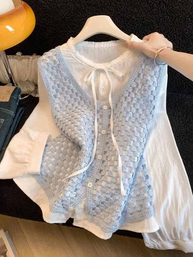 White Hollow out round Neck Shirt Knot Two Piece Set Women's Fashion Spring Outfit Guangzhou Thirteenth Factory
White Hollow out round Neck Shirt Knot Two Piece Set Women's Fashion Spring Outfit Guangzhou Thirteenth Factory