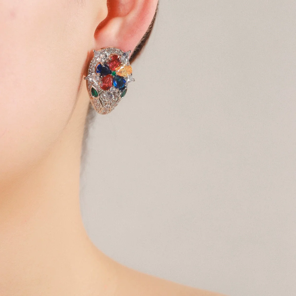 Silver Tone Multicolor Gemstone Snake Stud Earrings with Full CZ Paving, Women's Luxurious Statement Jewelry
Silver Tone Multicolor Gemstone Snake Stud Earrings with Full CZ Paving, Women's Luxurious Statement Jewelry