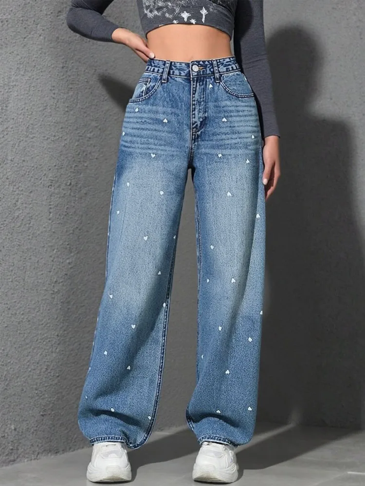 Vintage Heart Print Wide Leg Denim Pants Women Simple High Wasit Loose Straight Jeans Spring Summer Streetwear Casual Trousers
Vintage Heart Print Wide Leg Denim Pants Women Simple High Wasit Loose Straight Jeans Spring Summer Streetwear Casual Trousers
