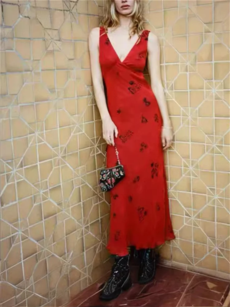 Ladies V-Neck Sleeveless Temperament Elegant Long Robe Women Vintage Floral Printed Dress Spring Summer 2024 New
Ladies V-Neck Sleeveless Temperament Elegant Long Robe Women Vintage Floral Printed Dress Spring Summer 2024 New