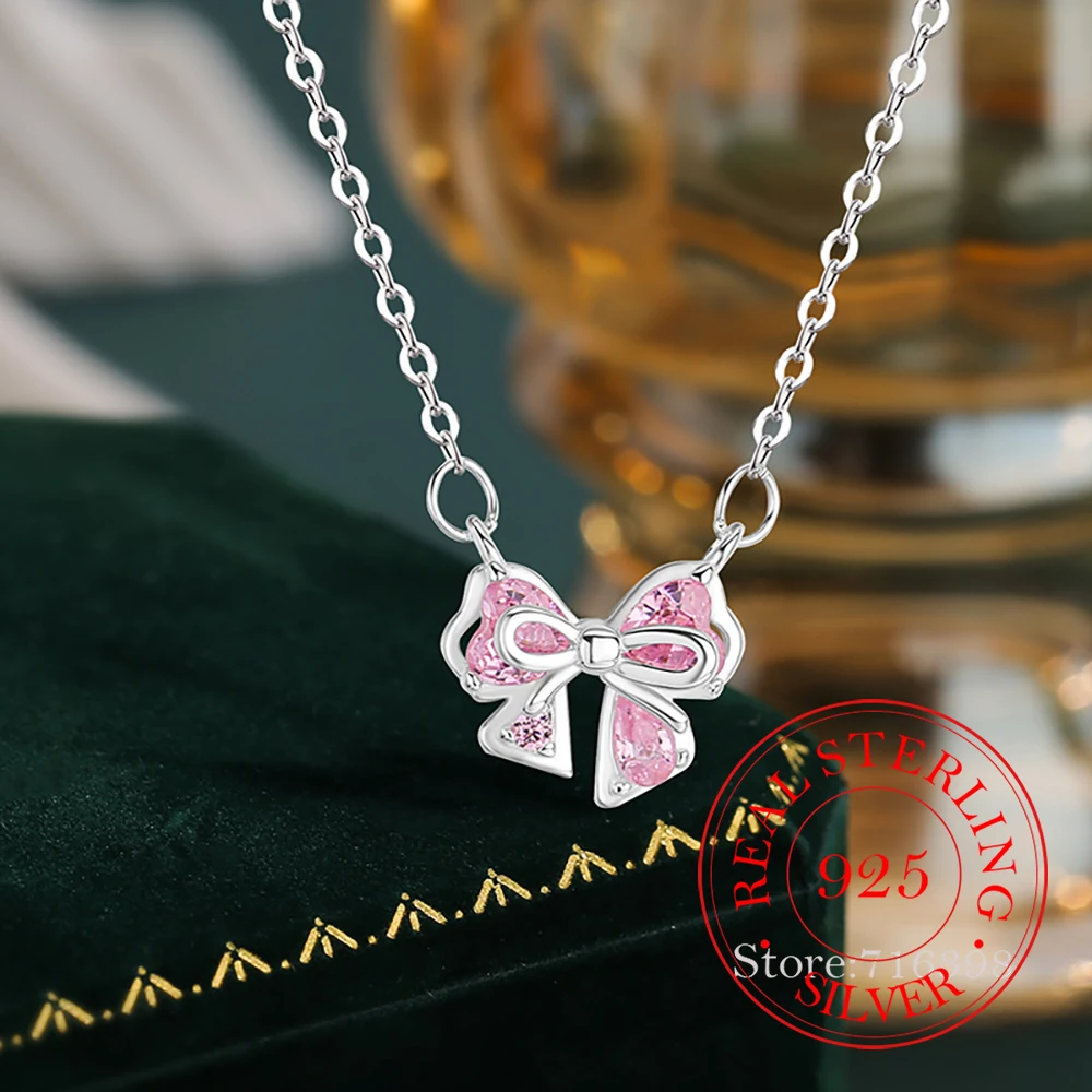 925 Sterling Silver Pink Crystal Bowknot Butterfly Pendant Necklace For Women Choker Chain Wedding Engagement Jewelry Gift
925 Sterling Silver Pink Crystal Bowknot Butterfly Pendant Necklace For Women Choker Chain Wedding Engagement Jewelry Gift