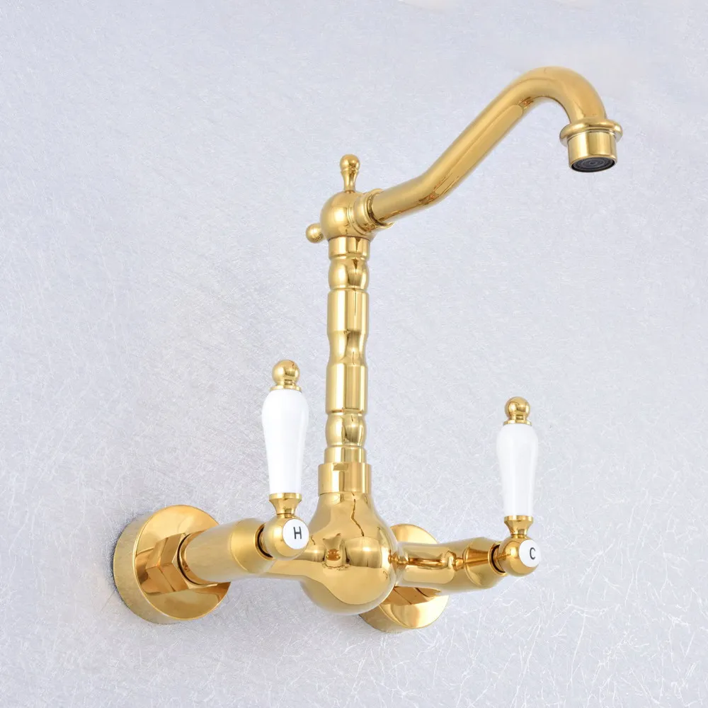 Polished Gold Color Brass Wall Mounted Double Handles Bathroom Kitchen Sink Faucet Mixer Tap Swivel Spout asf608
Polished Gold Color Brass Wall Mounted Double Handles Bathroom Kitchen Sink Faucet Mixer Tap Swivel Spout asf608