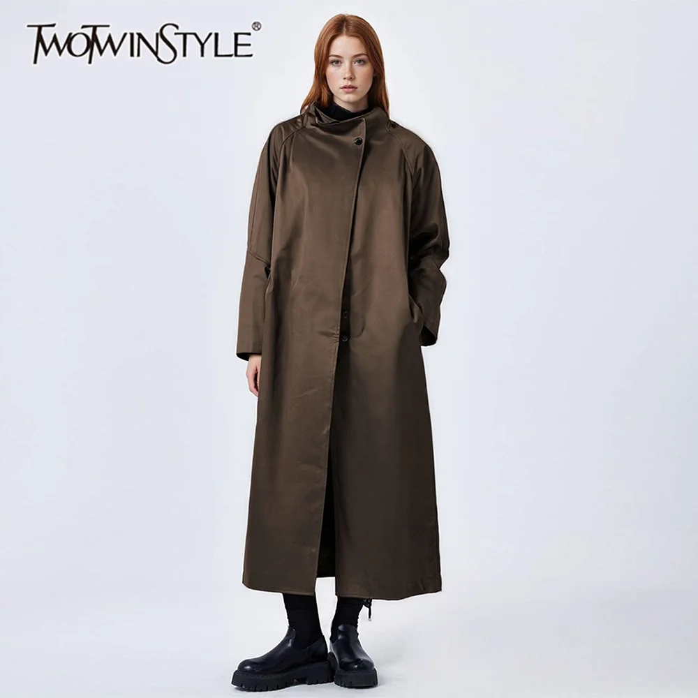 TWOTWINSTYLE Solid Loose Minimalist Long Coats for Women Stand Neck Long Sleeves Patchwork Single Breasted Basics Coat Female
TWOTWINSTYLE Solid Loose Minimalist Long Coats for Women Stand Neck Long Sleeves Patchwork Single Breasted Basics Coat Female