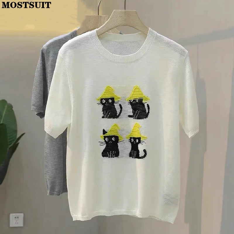 Summer Ice Silk Thin Knit Sweater Tees Women Cartoon Embroidered Short Sleeve T-shirt Tops Stylish Fashion Loose Ladies Knitwear
Summer Ice Silk Thin Knit Sweater Tees Women Cartoon Embroidered Short Sleeve T-shirt Tops Stylish Fashion Loose Ladies Knitwear