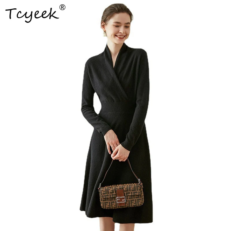 Birdtree Cashmere Wrap-up Dress Crossover V-neck Midi A-line Waist-length Over-the-knee Solid Commuting Knit Skirt D38012QD
Birdtree Cashmere Wrap-up Dress Crossover V-neck Midi A-line Waist-length Over-the-knee Solid Commuting Knit Skirt D38012QD