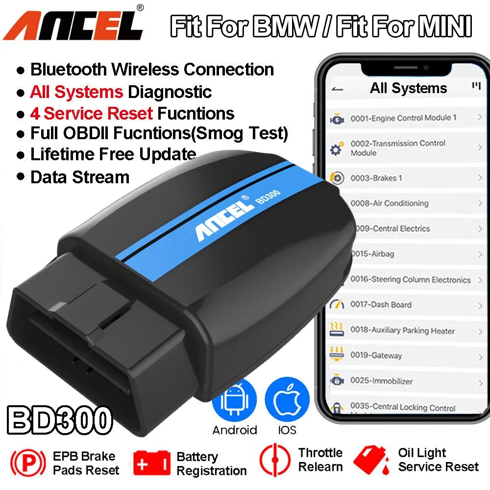 ANCEL BD300 Bluetooth OBD2 сканер для BMW автомобильный считыватель кодов, кодирование ABS SRS EPB масла, сброс все системы, диагностический инструмент автомобиля
ANCEL BD300 Bluetooth OBD2 сканер для BMW автомобильный считыватель кодов, кодирование ABS SRS EPB масла, сброс все системы, диагностический инструмент автомобиля