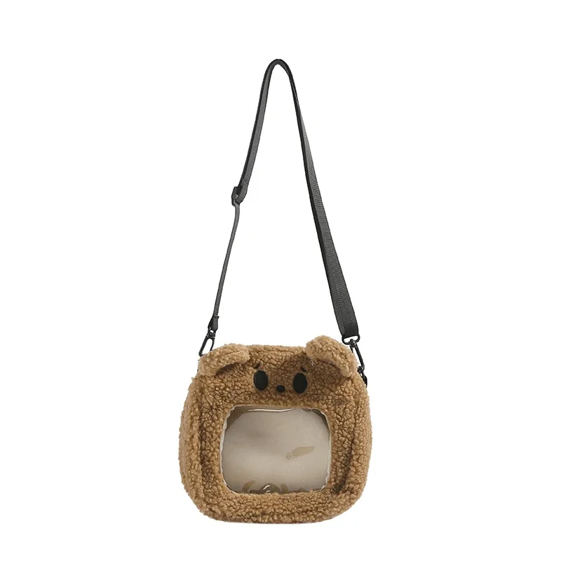 Плюшевая детская сумка через плечо с милым медведем, однотонная, с прозрачным окном, легкая школьная сумка с несколькими карманами на молнии и регулируемым ремешком