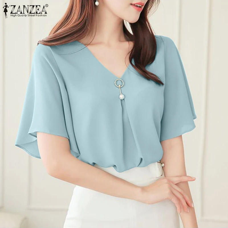 ZANZEA Летние офисные блузки для женщин с V-образным вырезом и расклешенными рукавами, модные элегантные однотонные туники для отпуска, женские рубашки
ZANZEA Летние офисные блузки для женщин с V-образным вырезом и расклешенными рукавами, модные элегантные однотонные туники для отпуска, женские рубашки