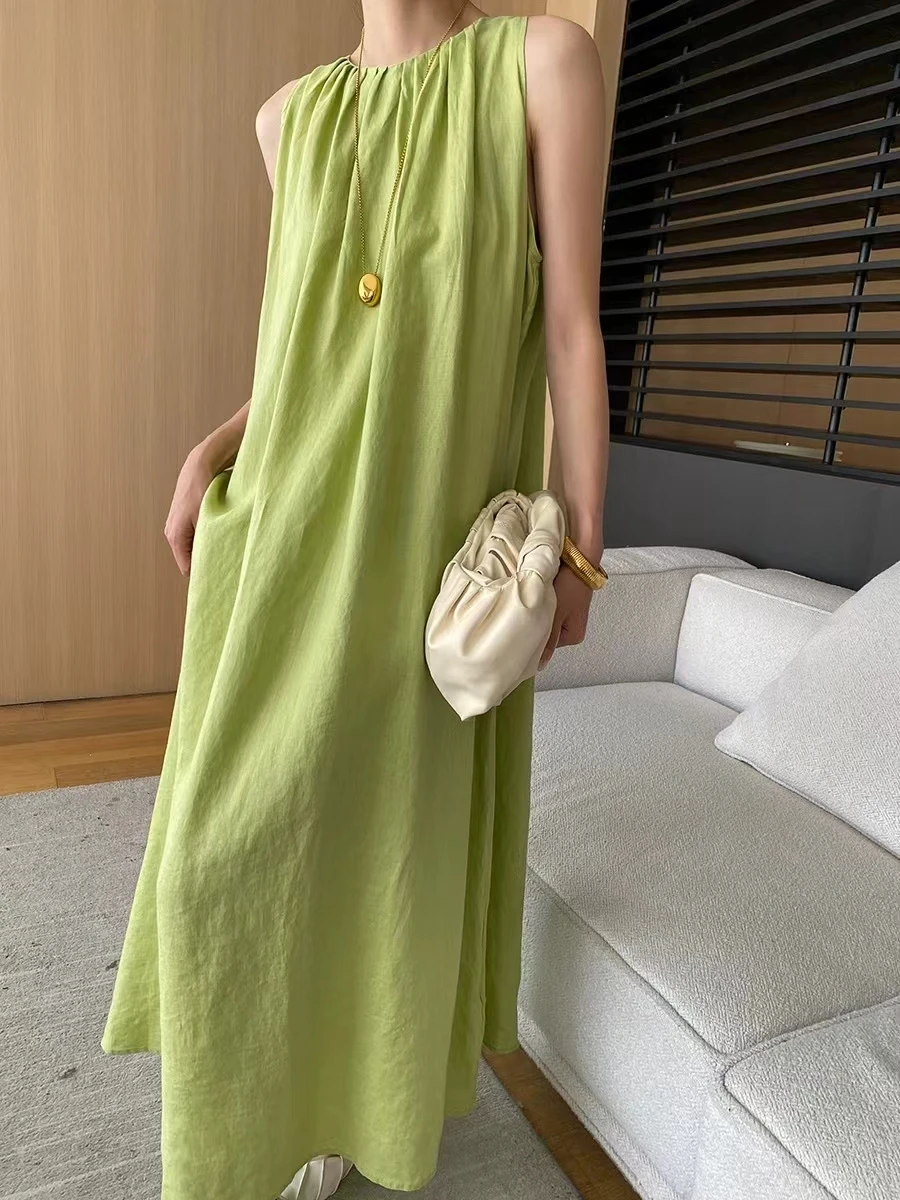 Heavyweight All Linen Hidden Meat Casual Pleated Round Neck Sleeveless Holiday Style Loose Fitting Dress
Heavyweight All Linen Hidden Meat Casual Pleated Round Neck Sleeveless Holiday Style Loose Fitting Dress
