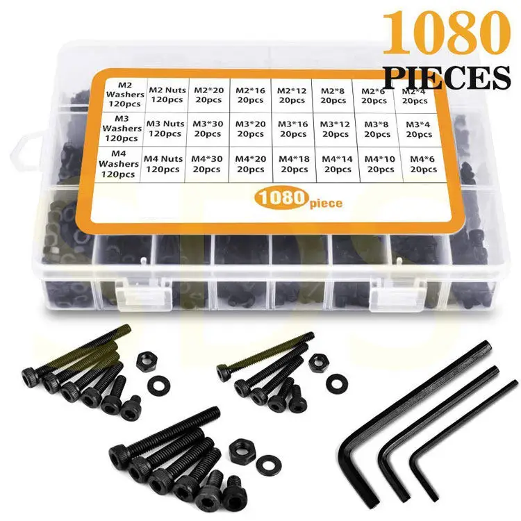 1080pcs M2 M3 M4 Blackened Carbon Steel Hex Socket Screws and Nuts Set Box with 3 Free Hex Wren
1080pcs M2 M3 M4 Blackened Carbon Steel Hex Socket Screws and Nuts Set Box with 3 Free Hex Wren