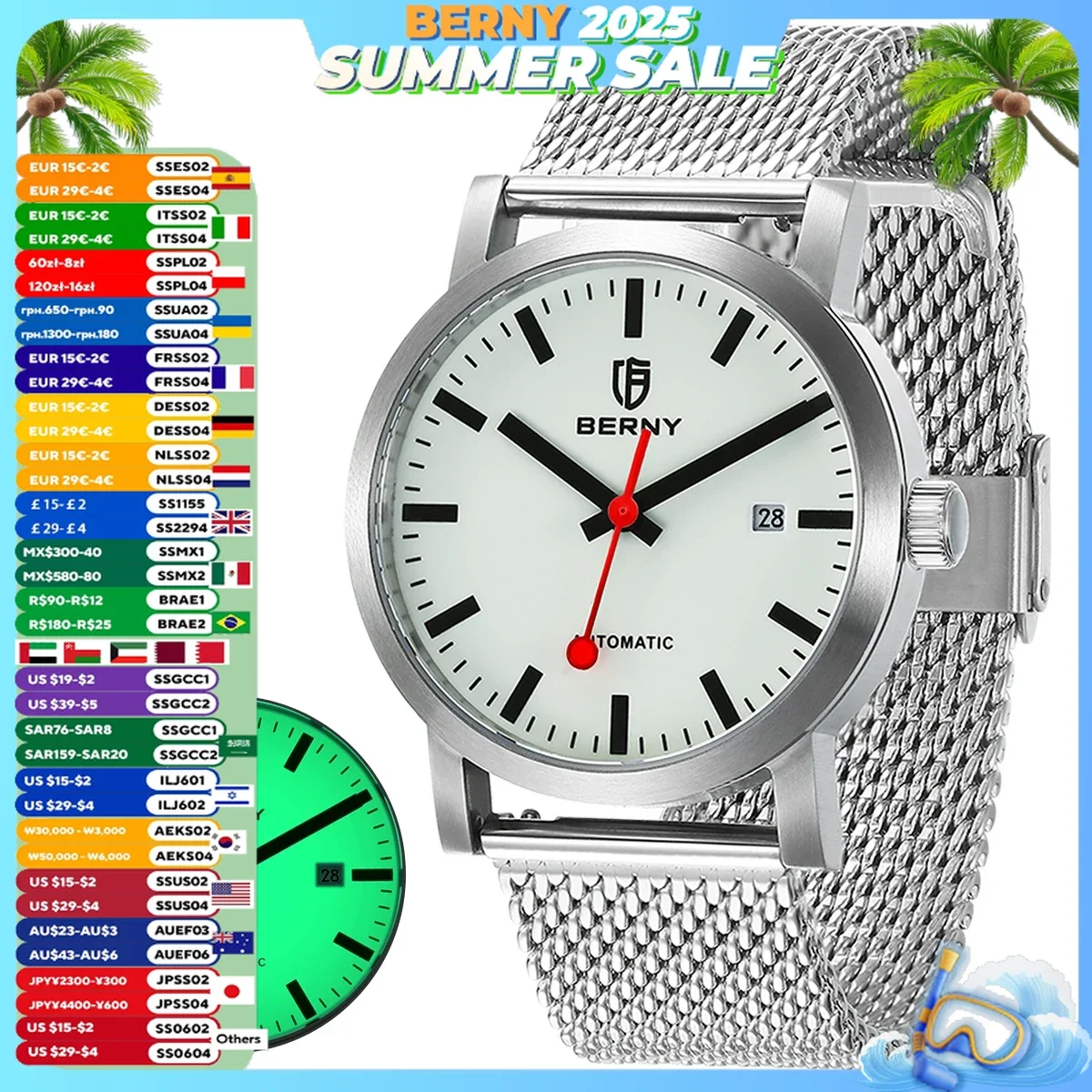 BERNY Automatic Watch Men Luminous Stainless Steel Self Winding Wristwatch MIYOTA 8215 Waterproof Mechanical Swiss Railway Watch
BERNY Automatic Watch Men Luminous Stainless Steel Self Winding Wristwatch MIYOTA 8215 Waterproof Mechanical Swiss Railway Watch
