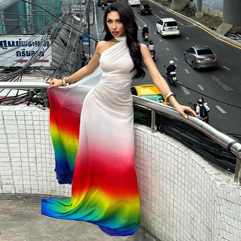 Fashion Rainbow Print Maxi Dress Women Sexy Mesh See Through Slim Holiday Beach Dresses Summer Halter Backless Party Dress 2024
Fashion Rainbow Print Maxi Dress Women Sexy Mesh See Through Slim Holiday Beach Dresses Summer Halter Backless Party Dress 2024