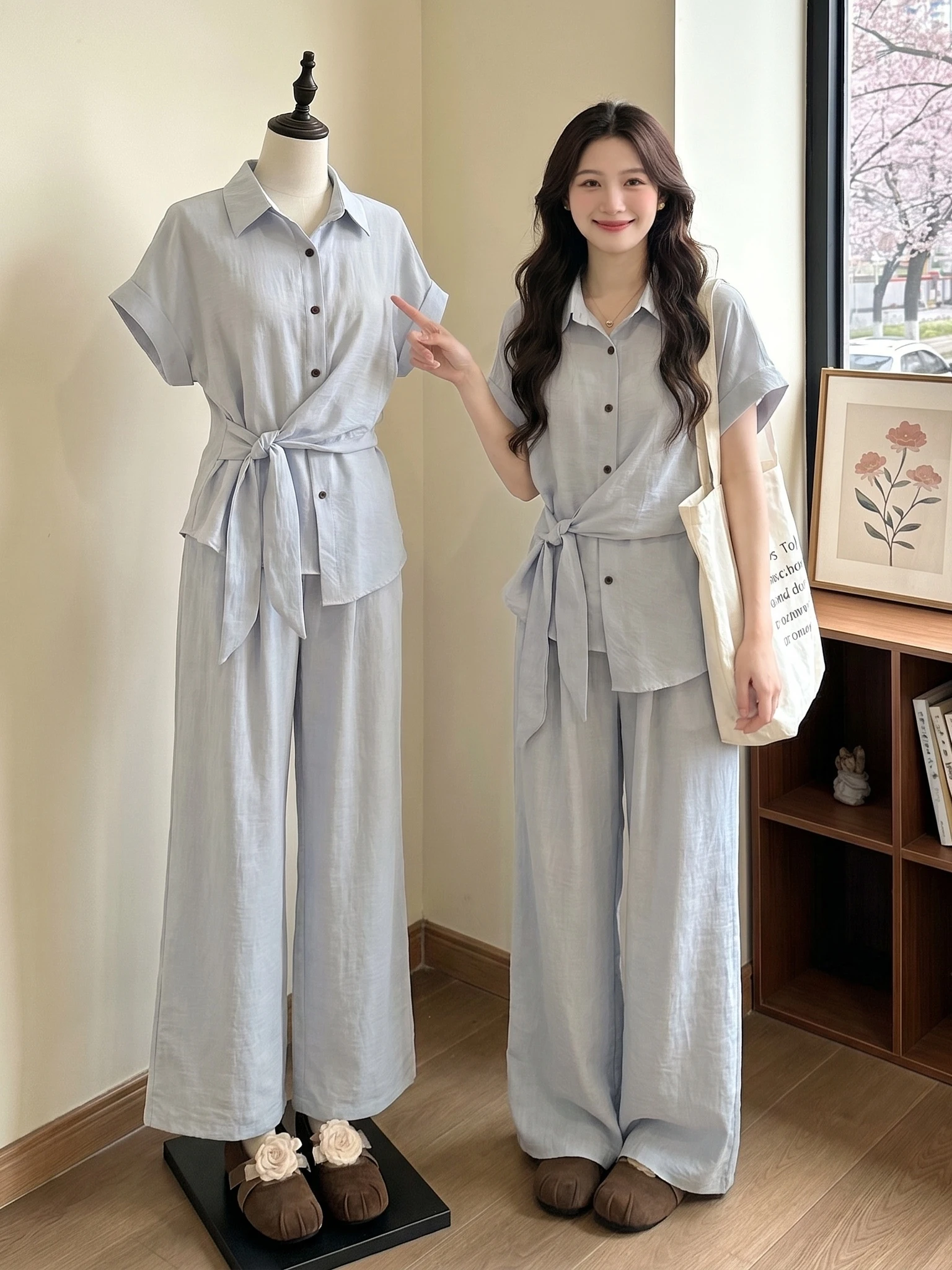 plus Size Women's Summer Outfit Light Blue Shirt And Wide Leg Pants Waist Cinched Two Piece Set Salt And Sweet Style
plus Size Women's Summer Outfit Light Blue Shirt And Wide Leg Pants Waist Cinched Two Piece Set Salt And Sweet Style