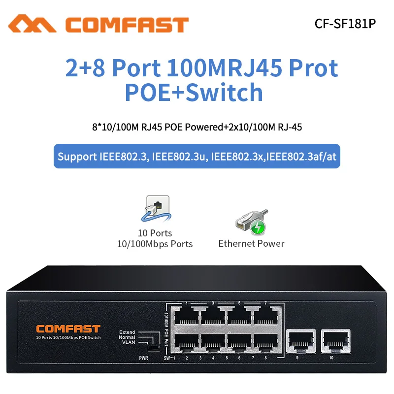 8+2 Port 10/100Mbps Poe Switch Fast Ethernet Switch Network IP Cameras Powered PoE Adapter for Indoor IP CAM Access Point Router
8+2 Port 10/100Mbps Poe Switch Fast Ethernet Switch Network IP Cameras Powered PoE Adapter for Indoor IP CAM Access Point Router