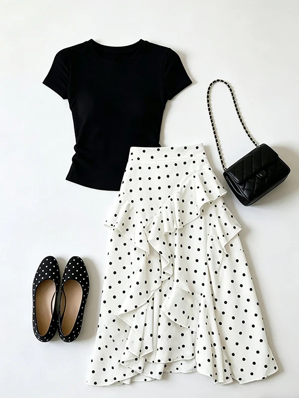 Korean Style Summer Fashion Set Women's Black Short Sleeve Polka Dot Half Skirt Two-Piece Suit Midi Skirt T-Shirt Combo
Korean Style Summer Fashion Set Women's Black Short Sleeve Polka Dot Half Skirt Two-Piece Suit Midi Skirt T-Shirt Combo