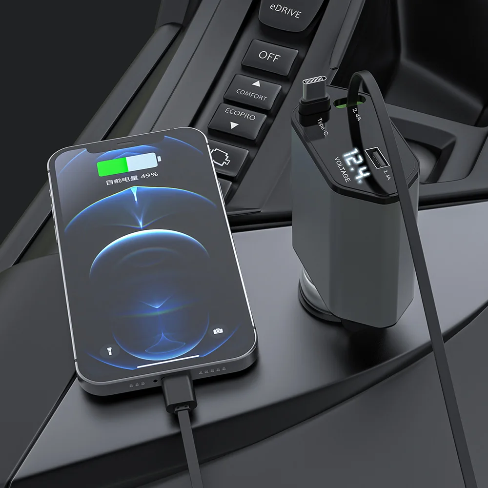 Telescopic line car charging digital display fast charging metal four-in-one multi-functional cigarette lighter car charger
Telescopic line car charging digital display fast charging metal four-in-one multi-functional cigarette lighter car charger