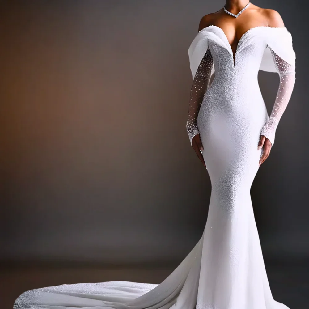 Luxury Off Shoulder Sleeveless Pleat Beading Mermaid Bride Wedding Dresses Bridal Gowns Customized
Luxury Off Shoulder Sleeveless Pleat Beading Mermaid Bride Wedding Dresses Bridal Gowns Customized