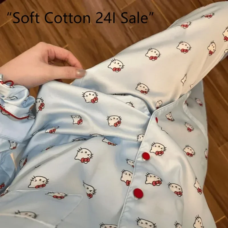 Summer ice silk super soft forging four-sided elastic striped cartoon Hello Kitty pajamas women's long-sleeved trousers
Summer ice silk super soft forging four-sided elastic striped cartoon Hello Kitty pajamas women's long-sleeved trousers