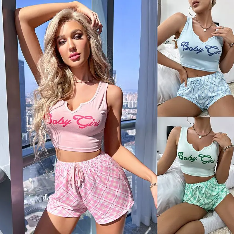 Women's Pajamas Set Fashion Summer Gifts Sexy Tank Top Shorts 2PCS/set Letter Printed Women's Crop Top Casual Home Clothes Gifts
Women's Pajamas Set Fashion Summer Gifts Sexy Tank Top Shorts 2PCS/set Letter Printed Women's Crop Top Casual Home Clothes Gifts