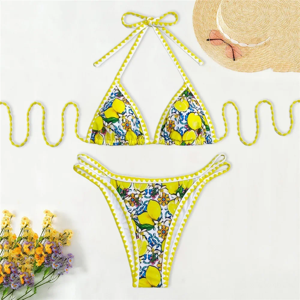 Lemon Flower Print Swimwear Halter String Triangle Bikini Mini Micro Thong Sexy Swimsuit Women 2025 Bather Bikinis Sets De Mujer
Lemon Flower Print Swimwear Halter String Triangle Bikini Mini Micro Thong Sexy Swimsuit Women 2025 Bather Bikinis Sets De Mujer